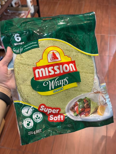 ແຜ່ນແຣບຜັກຂົມ Wraps Spinach ຖົງ 6ແຜ່ນ 270g. Mission