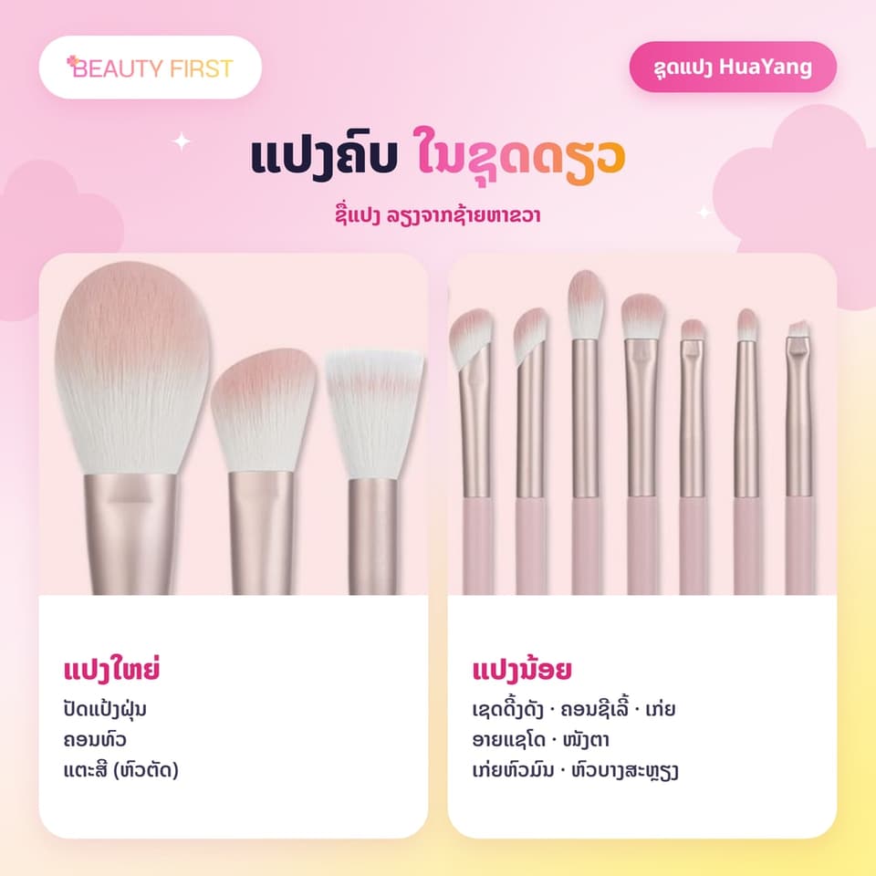 ຊຸດແປງແຕ່ງໜ້າ HuaYang 10 ອັນ ສີບົວຊາກຸຣະ ຂົນແປງໜາແໜ້ນ ນຸ້ມ ບໍ່ຄາຍຜິວ ຂົນບໍ່ຫຼົ່ນງ່າຍ ດ້າມໄມ້ ເໝາະກັບມືໃໝ່ — 2