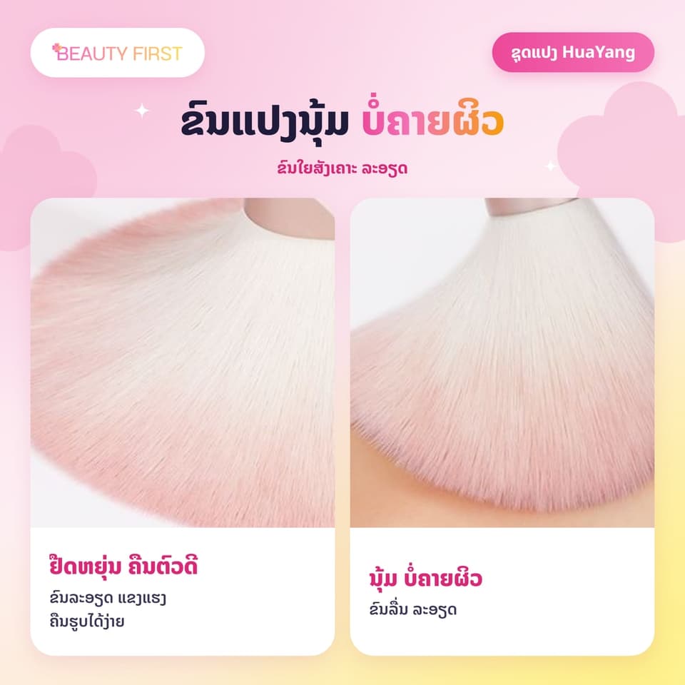 ຊຸດແປງແຕ່ງໜ້າ HuaYang 10 ອັນ ສີບົວຊາກຸຣະ ຂົນແປງໜາແໜ້ນ ນຸ້ມ ບໍ່ຄາຍຜິວ ຂົນບໍ່ຫຼົ່ນງ່າຍ ດ້າມໄມ້ ເໝາະກັບມືໃໝ່ — 5